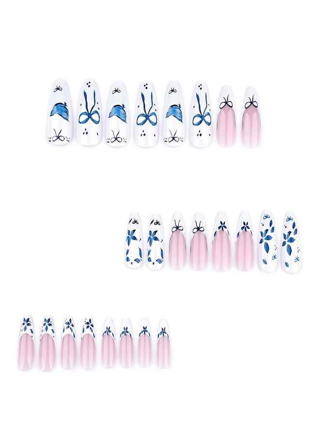 OSTTMA 24Pcs French Press on Nails Medium Almond Fake Nails Blue Flower Bow Nail Art Designs Floral Acrylic Nails Full Cover Flowers False Nail Tips Reusable Glue on Nails for Women Manicure Decoration - Image 4